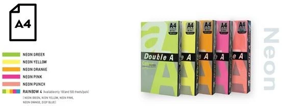 Double_A Spalvotas Neon popierius Double A, 75g, A4, 100 lapų, Rainbow 4, 5 Neon spalvų