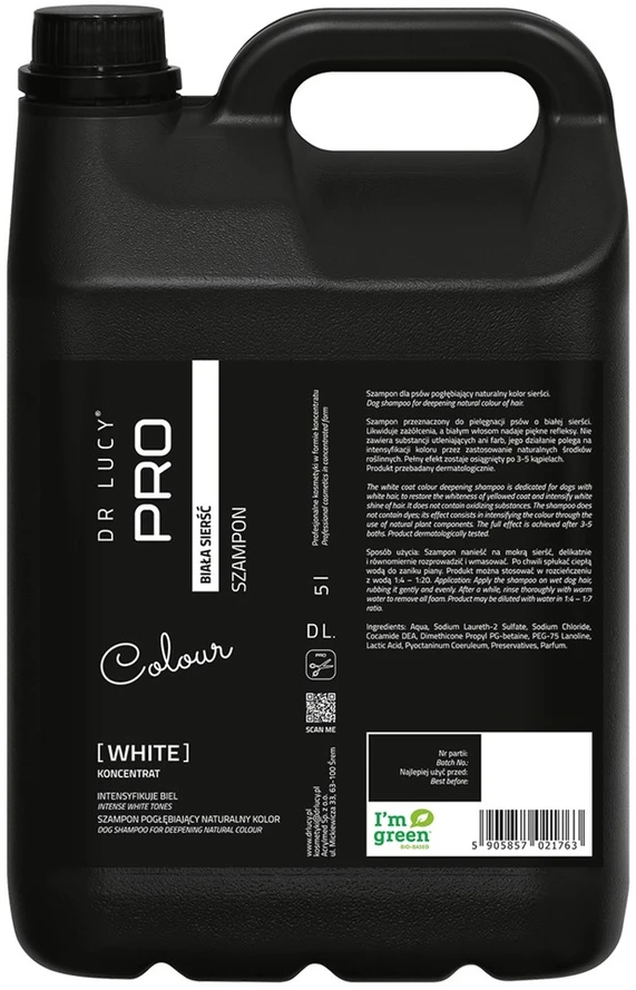 Dr. Lucy Pro Baltas Coat šampūnas – Balinanti formulė, 5L butelis su nemokamu siurbliu