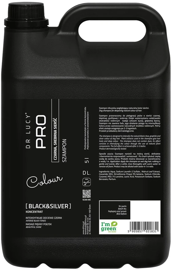 Dr. Lucy Pro Juodas & Sidabrinis šampūnas – Spalvą ryškinanti formulė tamsiam kailiui, 5L su pompa