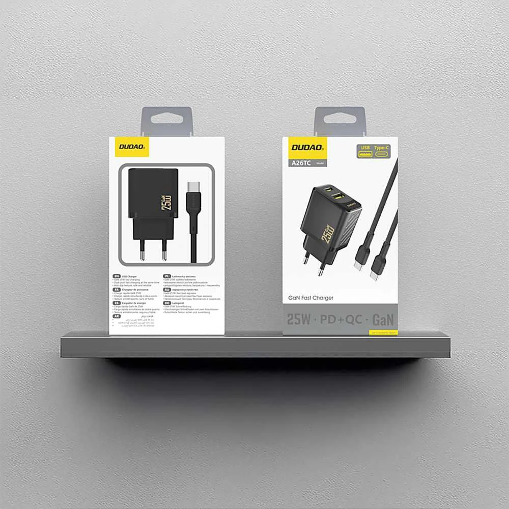 Dudao A26TCEU PD QC 25W GaN USB-A USB-C sieninis įkroviklis su USB-C laidu - Juodas