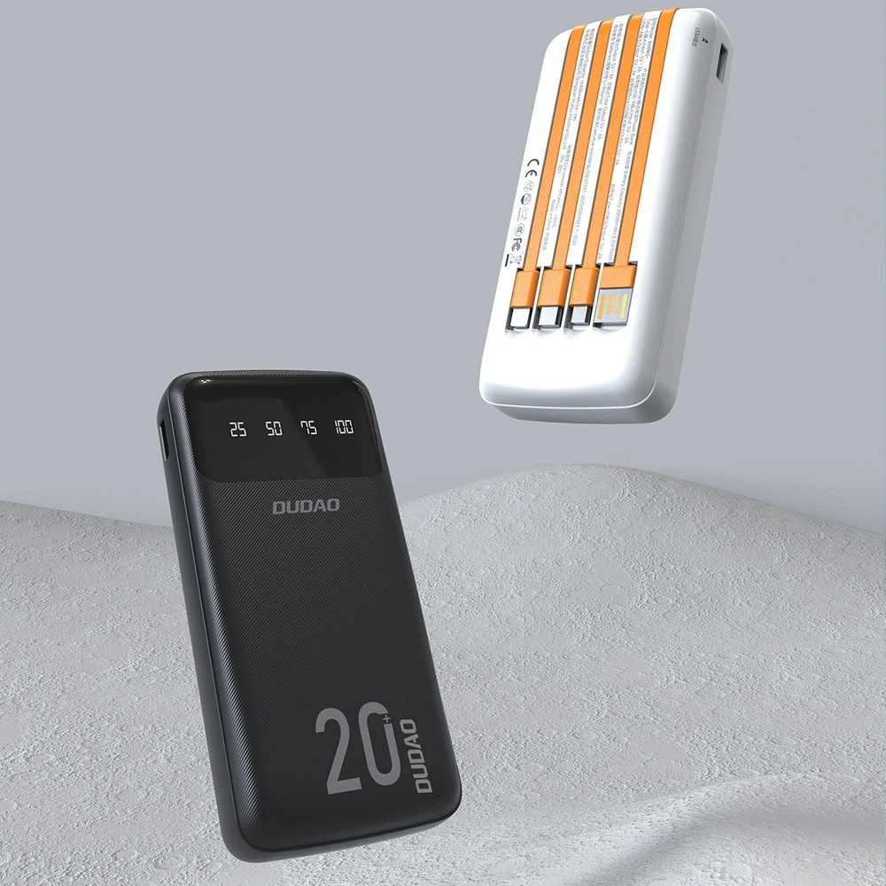 Dudao talpus maitinimo blokas su 3 įmontuotu kabeliu 20000mAh USB Type C + micro USB + Lightning baltos spalvos (Dudao K6Pro +)