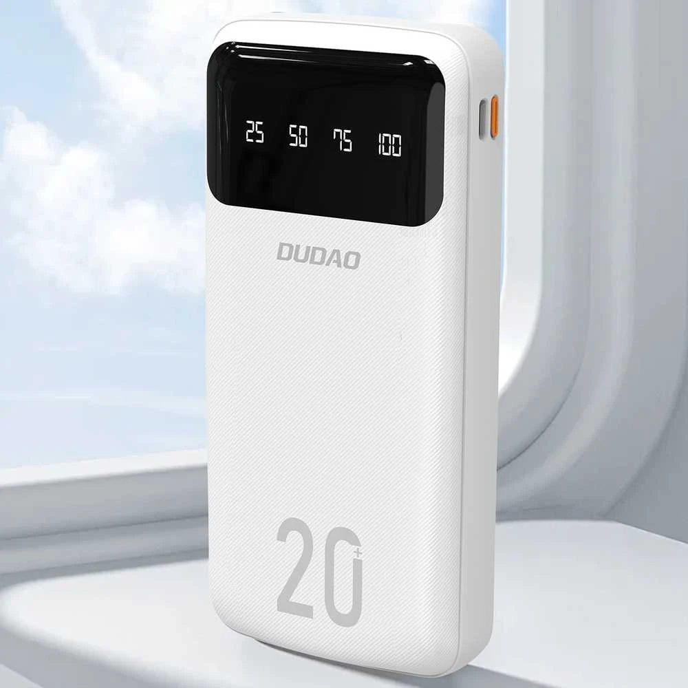 Dudao talpus maitinimo blokas su 3 įmontuotu kabeliu 20000mAh USB Type C + micro USB + Lightning baltos spalvos (Dudao K6Pro +)