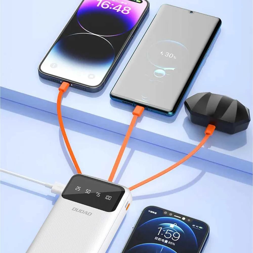 Dudao talpus maitinimo blokas su 3 įmontuotu kabeliu 20000mAh USB Type C + micro USB + Lightning baltos spalvos (Dudao K6Pro +)