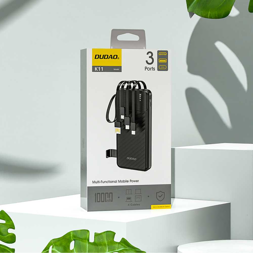 Dudao K11 10000mAh Powerbank with Built-in Cables - Juodas