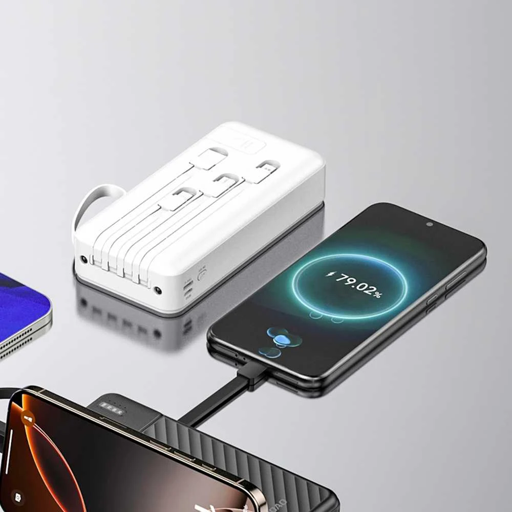 Dudao K11 Pro 20000mAh išorinė baterija su integruotais laidais – balta
