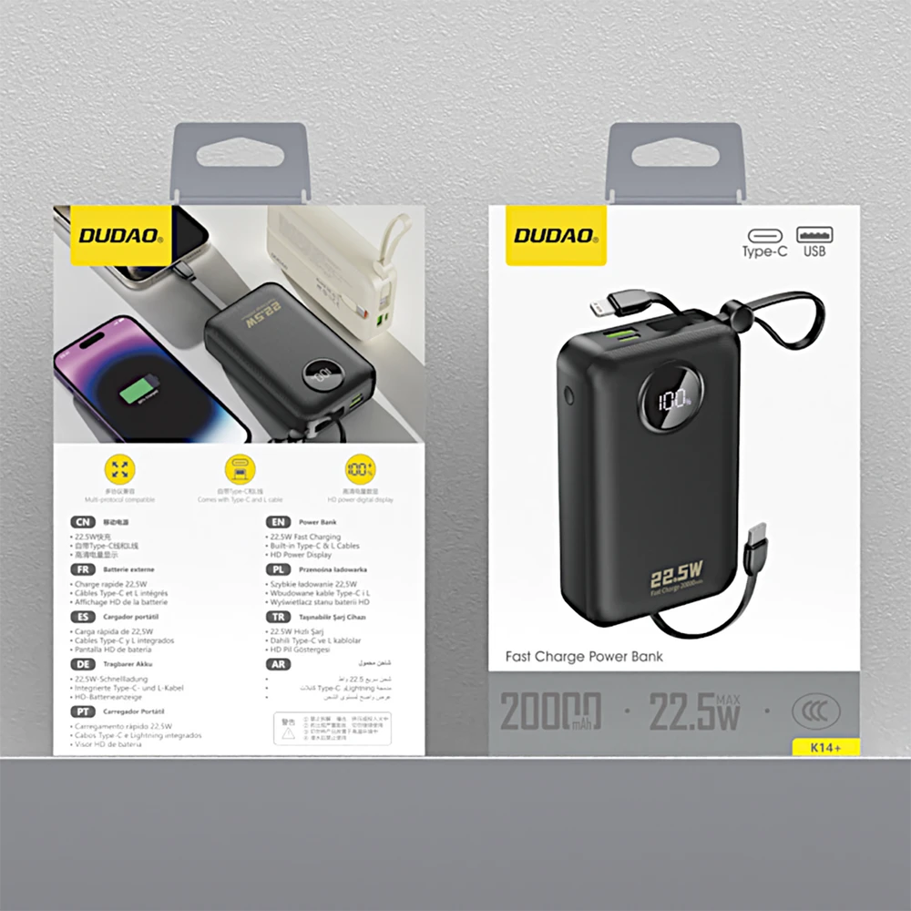 Dudao K14+ išorinė baterija 20000mAh 22.5W USB-C / USB-A / integruoti „Lightning“ ir USB-C laidai – juoda