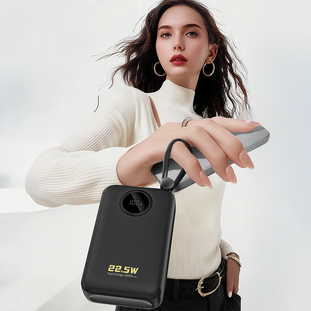 Dudao K14+ išorinė baterija 20000mAh 22.5W USB-C / USB-A / integruoti „Lightning“ ir USB-C laidai – juoda