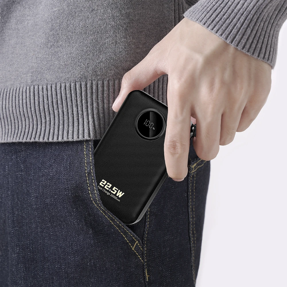 Dudao K14+ išorinė baterija 20000mAh 22.5W USB-C / USB-A / integruoti „Lightning“ ir USB-C laidai – juoda