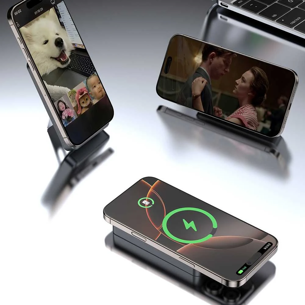 Dudao K29 10000mAh PD 20W MagSafe Powerbank with Metal Case, Stand and Built-in USB-C/ Lightning Cables - Sidabrinis