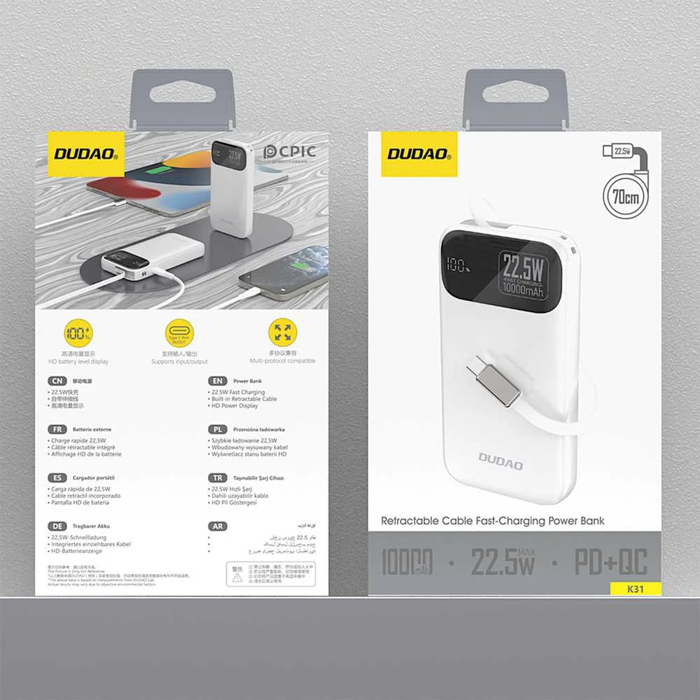 Dudao K31 10000 mAh 22.5W PD Powerbank su integruotu kabeliu – baltos spalvos