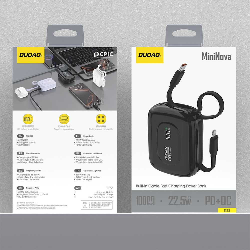 Dudao K32 išorinė baterija 22,5 W 10000 mAh su integruotu USB-C / „Lightning“ laidu – Juodas