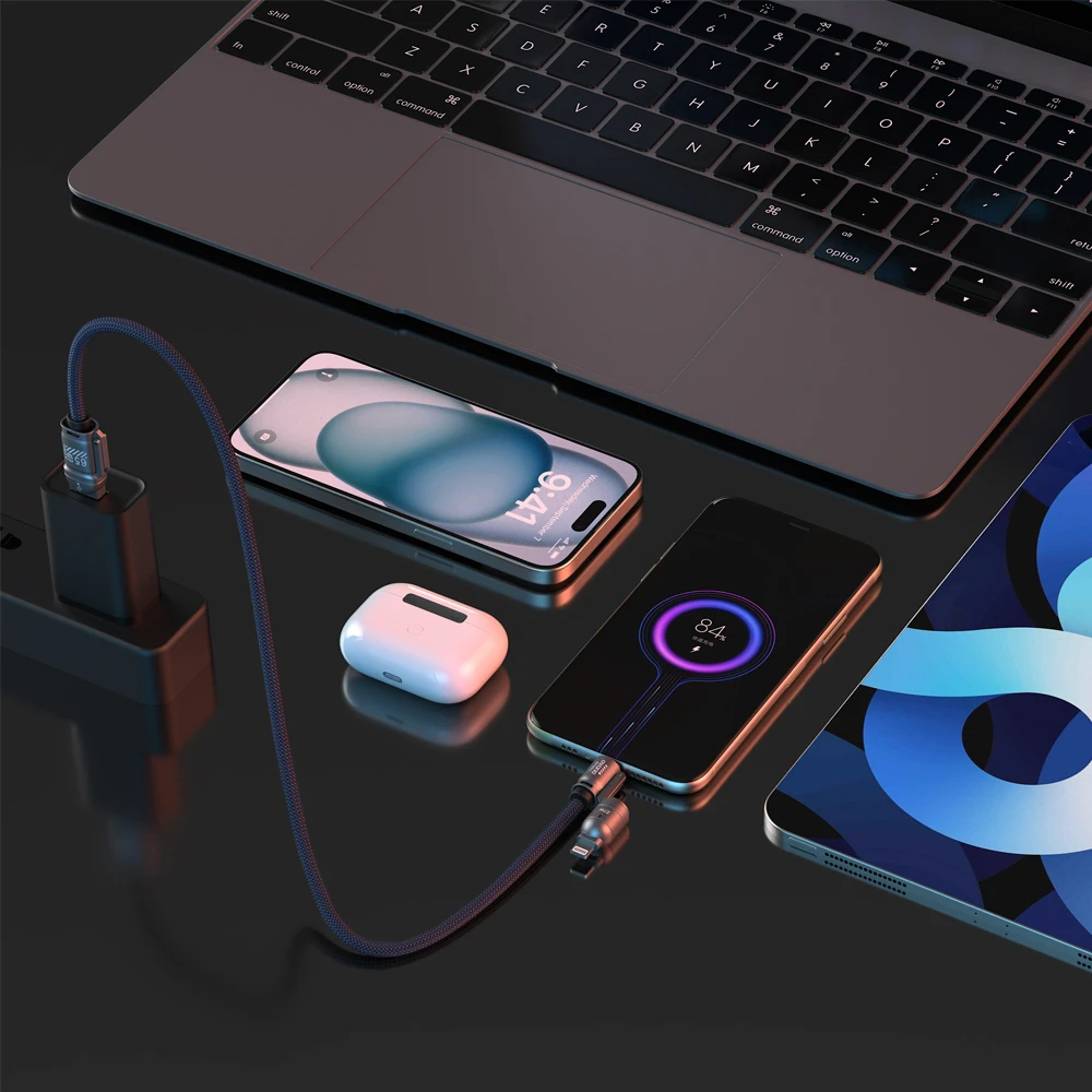 Dudao L20Max 65W 4 viename laidas su dirželiu, USB-C į USB-C su „Lightning“ ir USB-A adapteriai - Mėlyna