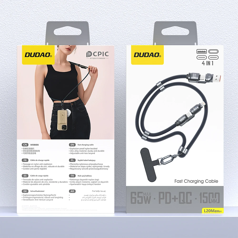 Dudao L20Max 65W 4 viename laidas su dirželiu, USB-C į USB-C su „Lightning“ ir USB-A adapteriai - Mėlyna