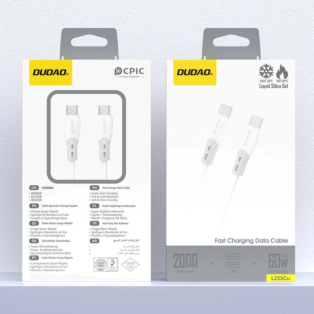 Dudao L25SC 60W USB-C - USB-C laidas su minkštu silikoniniu apvadu 2m - Baltas