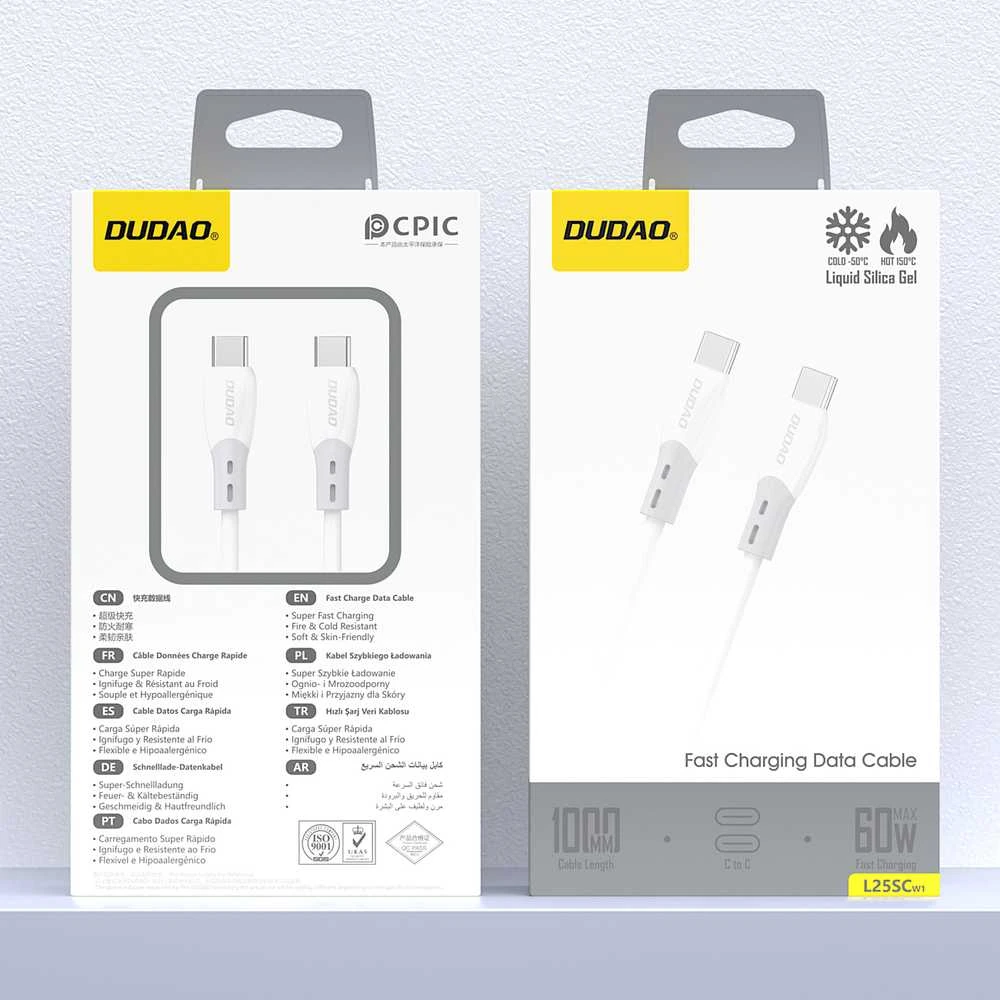 Dudao L25SC 60W USB-C - USB-C laidas su minkštu silikoniniu apvadu 1m - Baltas