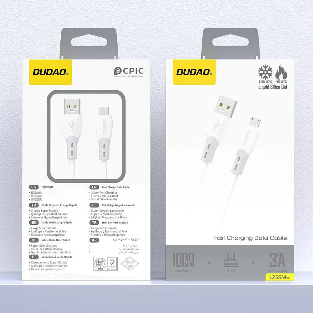 Dudao L25SM 3 A USB-A - micro USB kabelis su minkštu silikoniniu apvadu 1 m - baltas