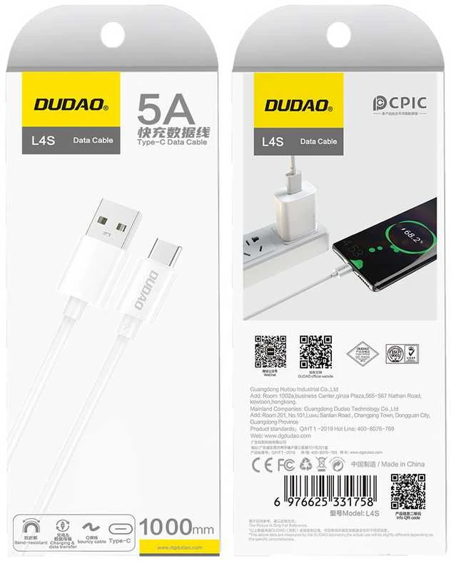 Dudao L4ST USB-A / USB-C cable 2A 1m - baltas