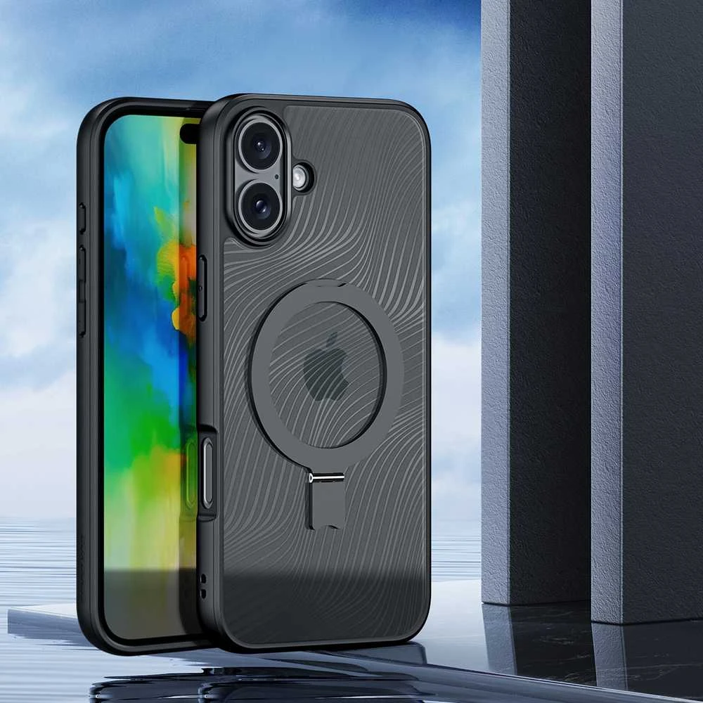Dux Ducis Aimo Mag MagSafe su stoveliu Apple iPhone 16 - dėklas telefonui juodos spalvos