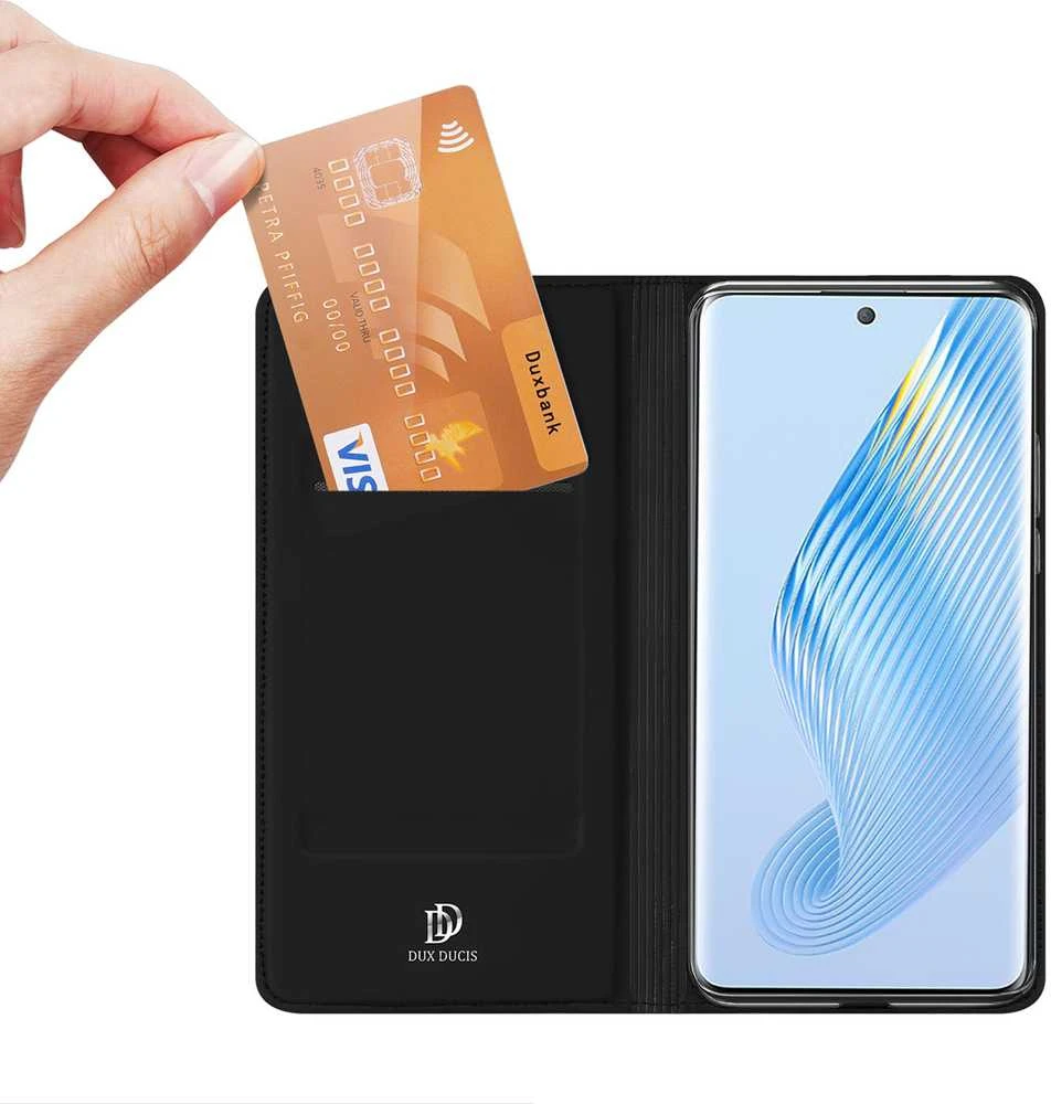 Dux Ducis Skin Pro Honor Magic5 atverčiamas card wallet su stoveliu dėklas telefonui juodos spalvos