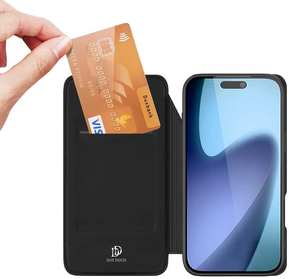 Dux Ducis Skin Pro dėklas skirtas Apple iPhone 17 Pro Max su Flip and Card Slot – juodos spalvos