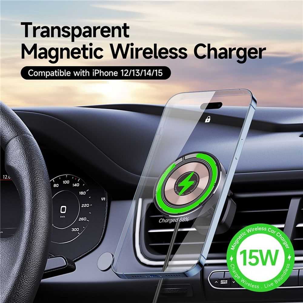 DUZZONA automobilinis laikiklis su bevieliu įkrovimu air vet suderinamas su MagSafe 15W V2 juodas