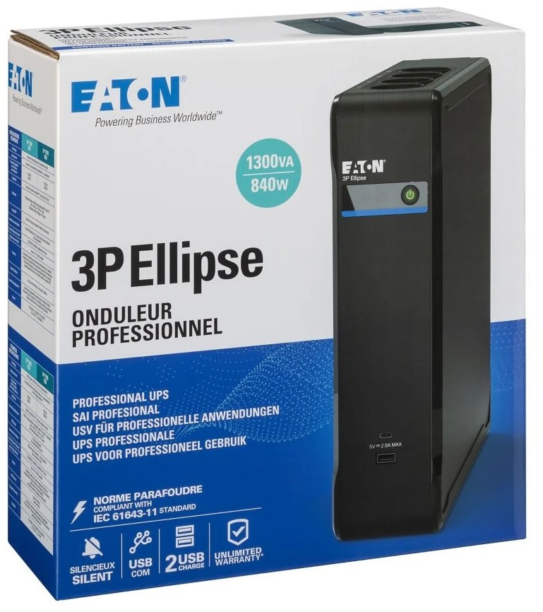 „Eaton 3P Ellipse 1300“ nepertraukiamo maitinimo šaltinis (UPS) Budėjimo režimas (neprisijungus) 1,3 kVA 840 W 8 kintamosios srovės lizdai