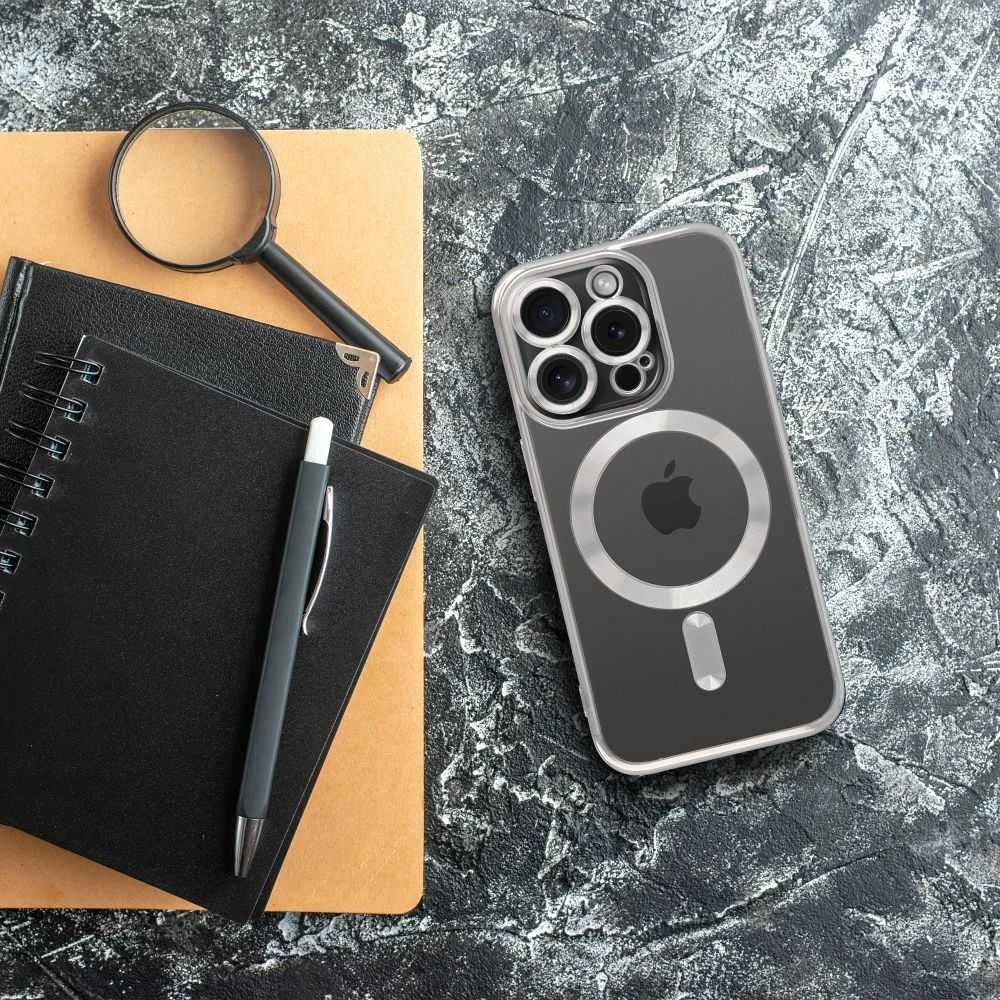 OEM dėklas, skirtas iPhone 17, Electro Mag dėklas, suderinamas su MagSafe sidabrinis
