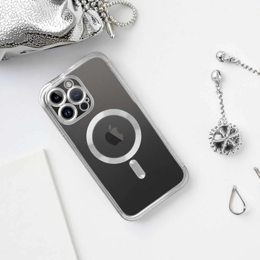 OEM dėklas, skirtas iPhone 15 PRO MAX, Electro Mag dėklas, suderinamas su MagSafe sidabrinis