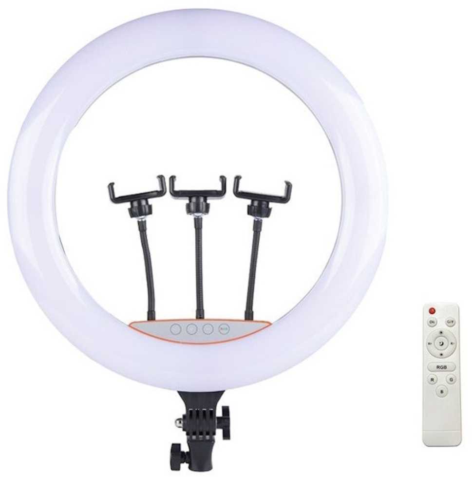 Elight SR18 46cm LED apgaismojošais gredzens ar 3x smartfona turētāju + 220V adapteri + BT tālvadības pulti Melns