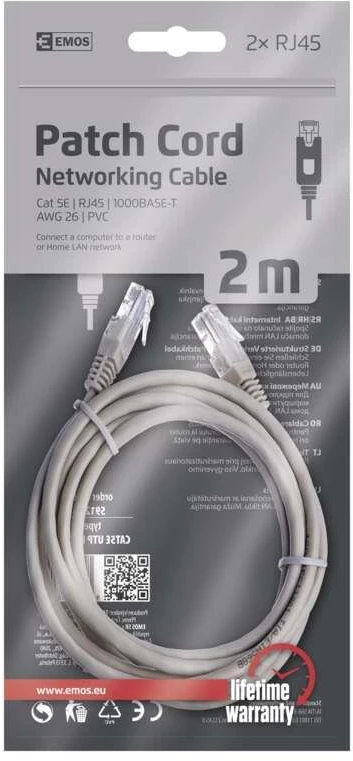 Kabelis EMOS RJ-45 M, RJ-45 M, 2m, pilkas S9123