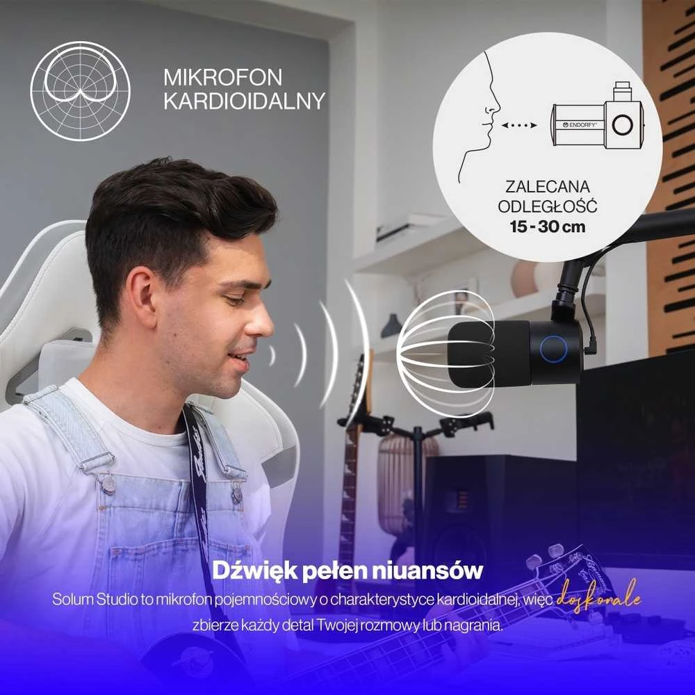 Endorfy Solum Studio juodas kondensatorinis mikrofonas su laidu + laikiklis | USB
