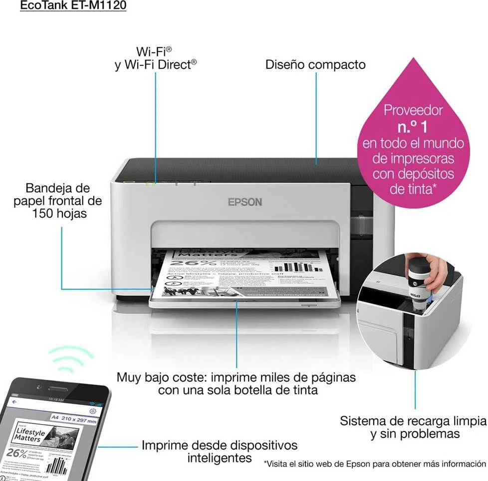Spausdintuvas Epson | EcoTank M1120 | Inkjet | Mono | Standard | Wi-Fi | Pilkas