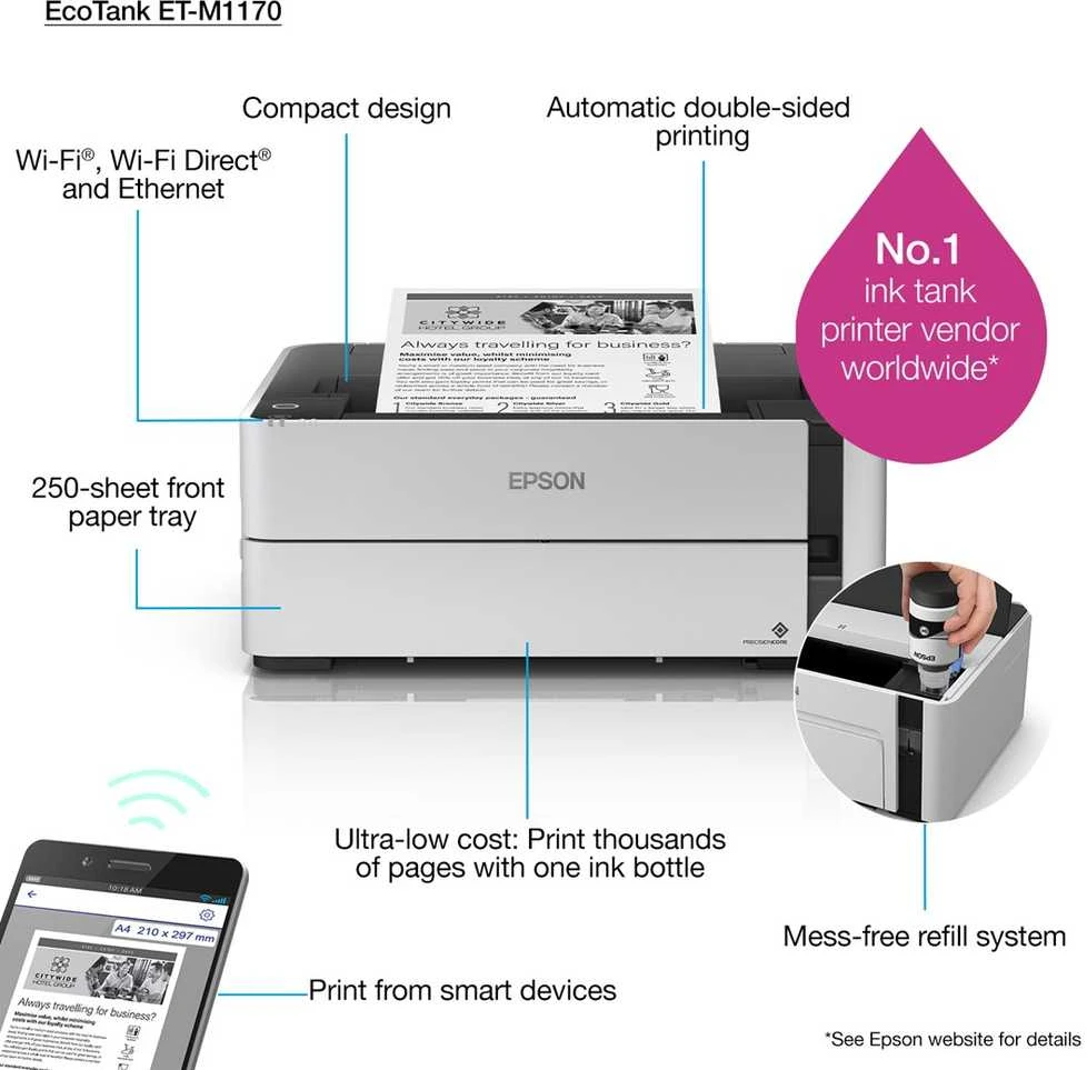 Epson Spausdintuvas EcoTank M1170 Mono, Inkjet, Inkjet Spausdintuvas, Wi-Fi, Maksimalus ISO A serijos popieriaus dydis A4, Baltas