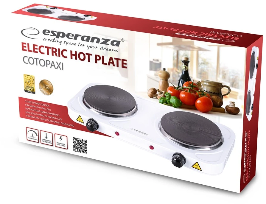 Buitinė Technika - Esperanza COTOPAXI 2 Zonos Elektrinė Viryklė 1000W Balta