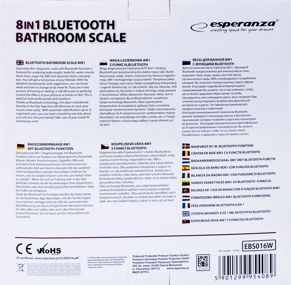 Svarstyklės su „Bluetooth“ funkcija Esperanza B.FIT EBS016W (baltos spalvos)