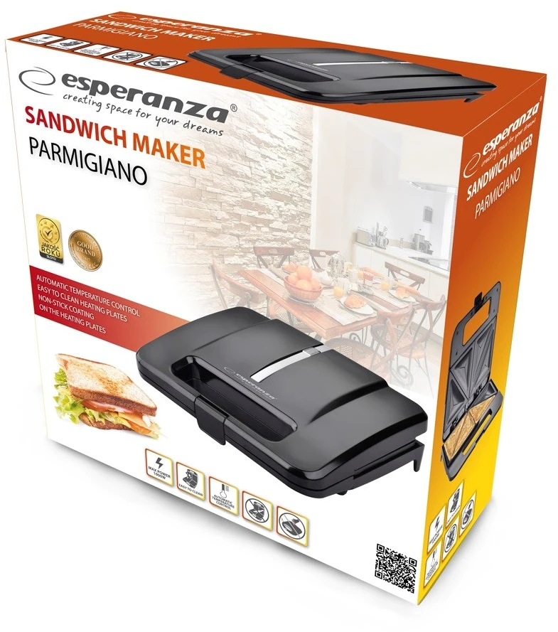 Sumuštinių keptuvas Sumuštinių Keptuvė - Esperanza PARMIGIANO 1000W 4-Sumuštinių Nesvylančio Juoda