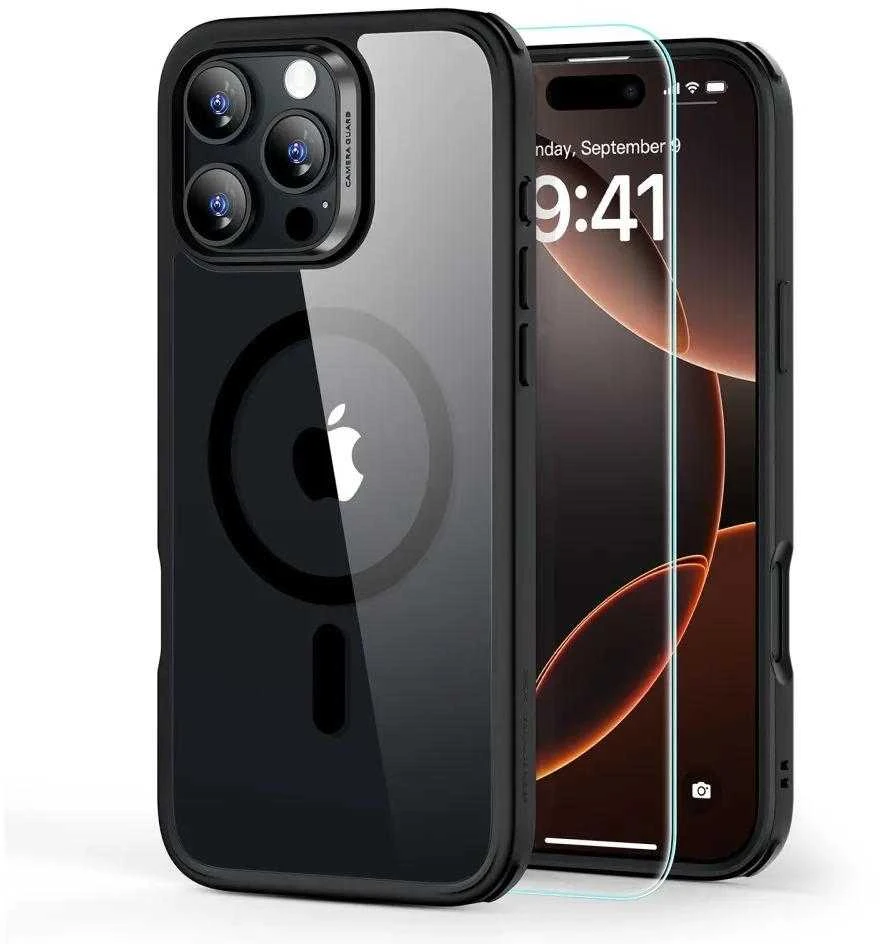ESR Classic Hybrid Halolock MagSafe + Tempered Glass Apple iPhone 16 Pro – dėklas telefonui skaidrus with dėklas telefonui juodos spalvos Frame