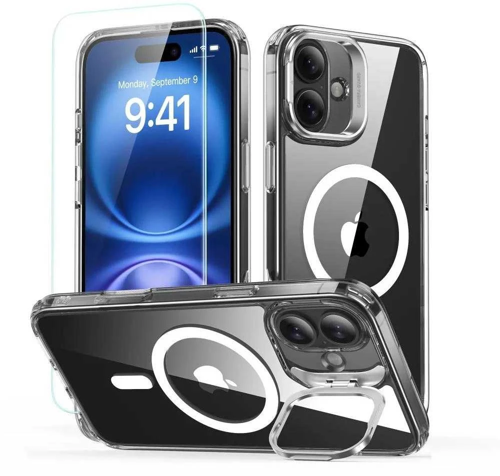 ESR Classic Hybrid KickStand HaloLock MagSafe & TEMPERED GLASS Apple iPhone 16 Plus dėklas telefonui skaidrus