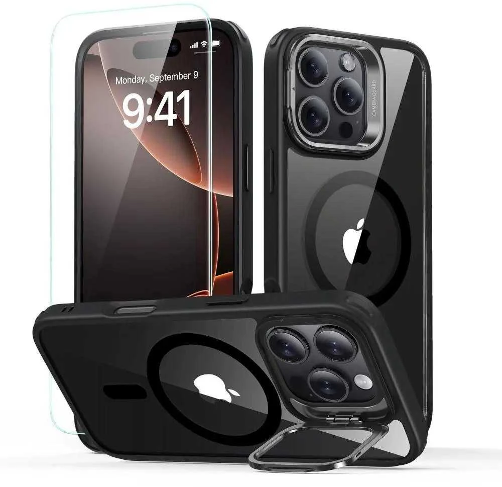 ESR Classic Hybrid KickStand HaloLock MagSafe & TEMPERED GLASS Apple iPhone 16 Pro dėklas telefonui juodos spalvos