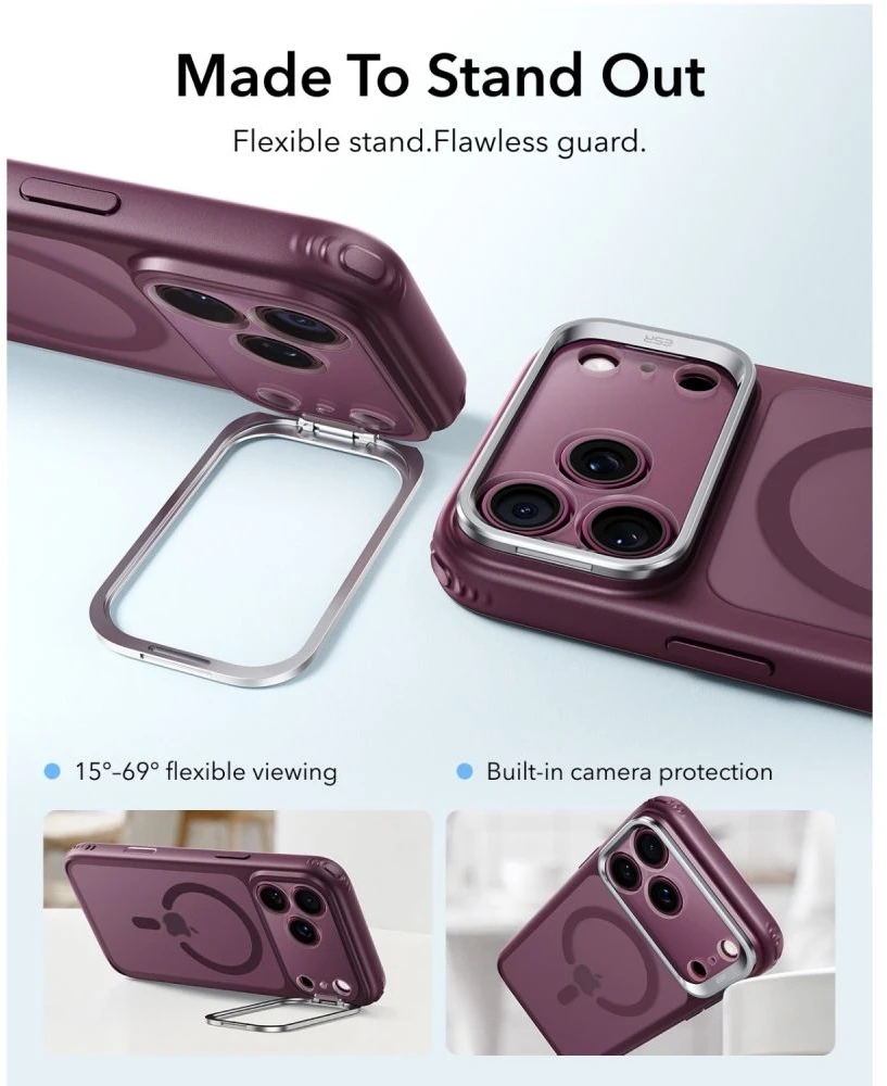 ESR Classic Hybrid dėklas su atrama MagSafe, skirtas iPhone 18 Pro / 17 Pro – tamsiai vyšninė matinė