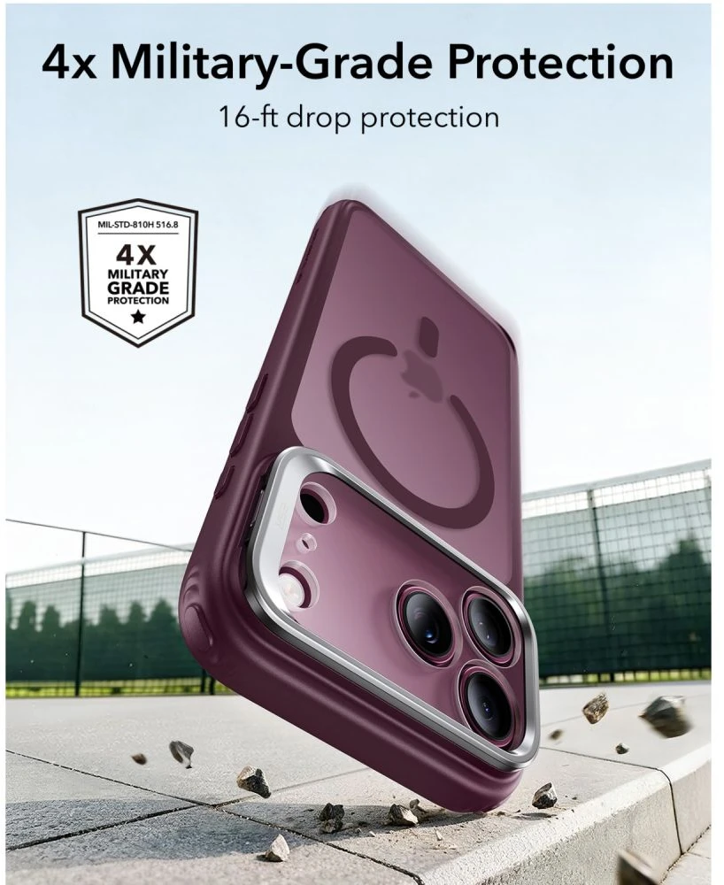 ESR Classic Hybrid dėklas su atrama MagSafe, skirtas iPhone 18 Pro / 17 Pro – tamsiai vyšninė matinė