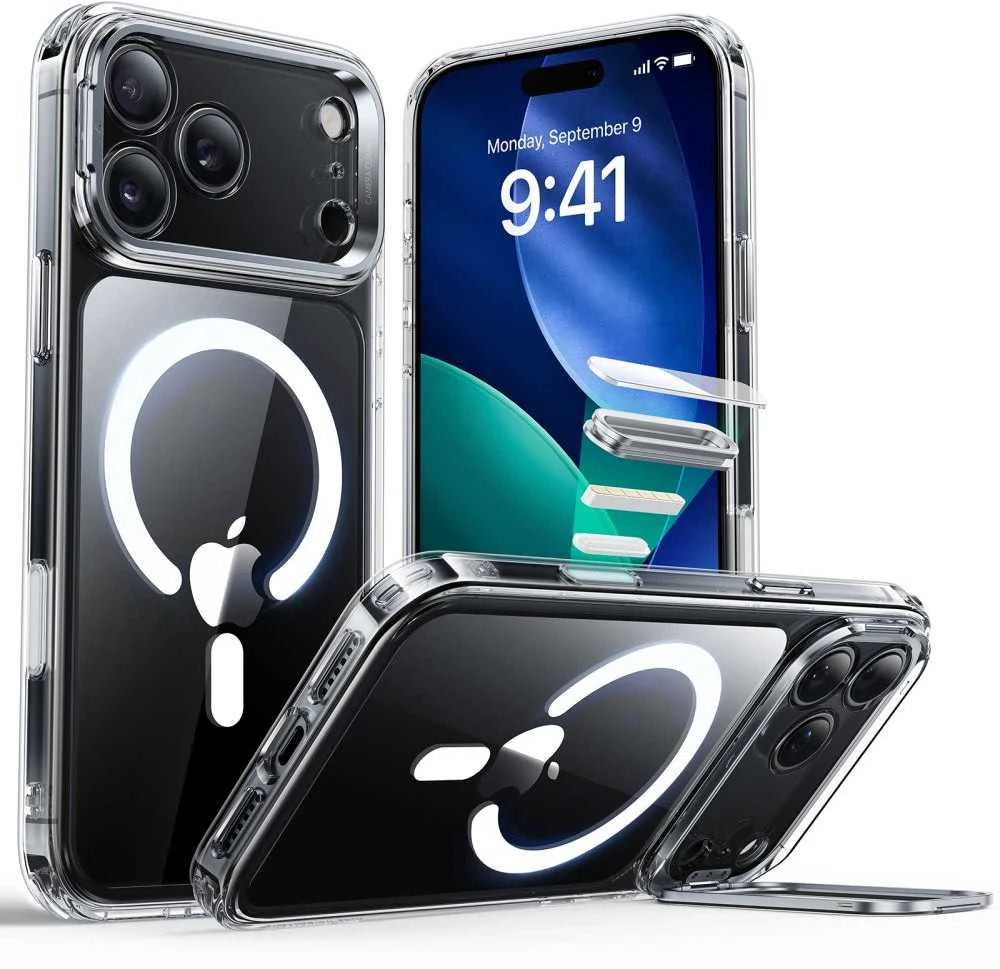 ESR klasikinis hibridinis „MagSafe“ dėklas su atramėle, skirtas „iPhone 17 Pro“ – skaidrus