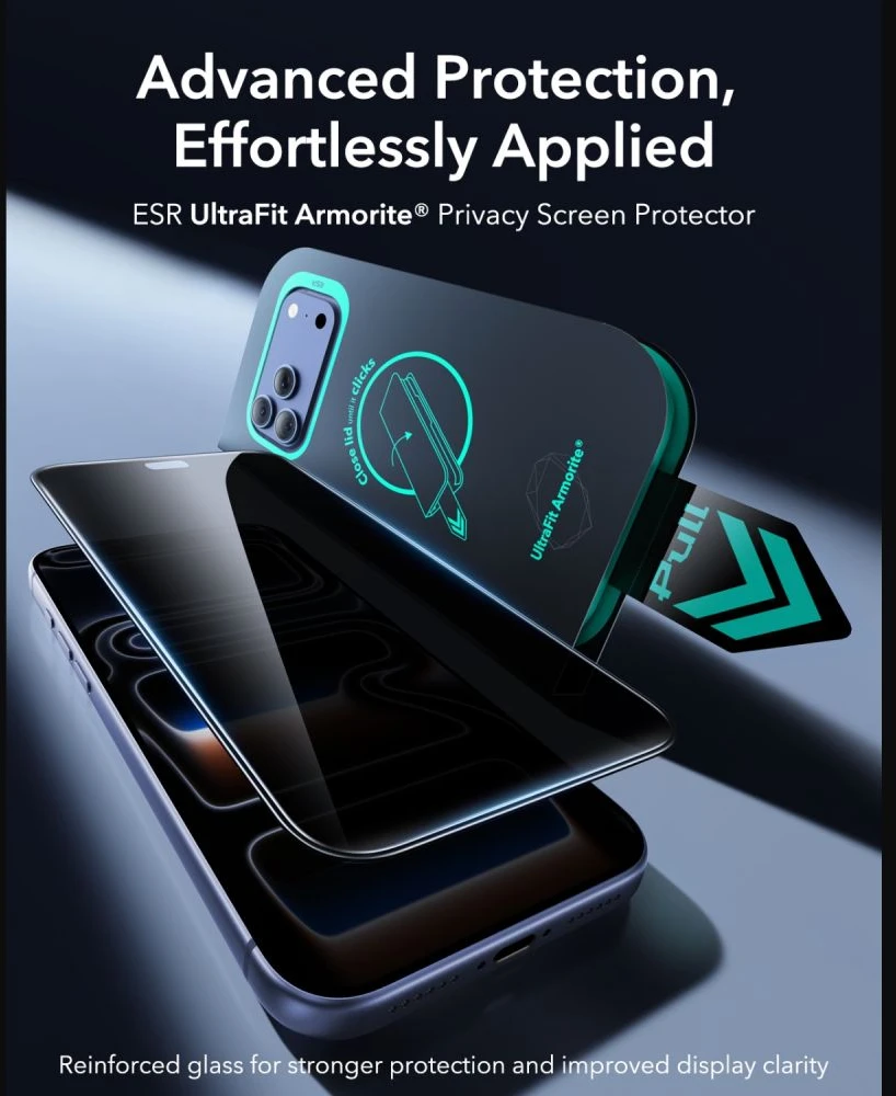 PRIVATUMĄ UŽTIKRINANTIS STIKLAS ESR ULTRAFIT ARMORITE GRŪDINTAS STIKLAS 2-PACK iPhone 18 PRO MAX PRIVACY