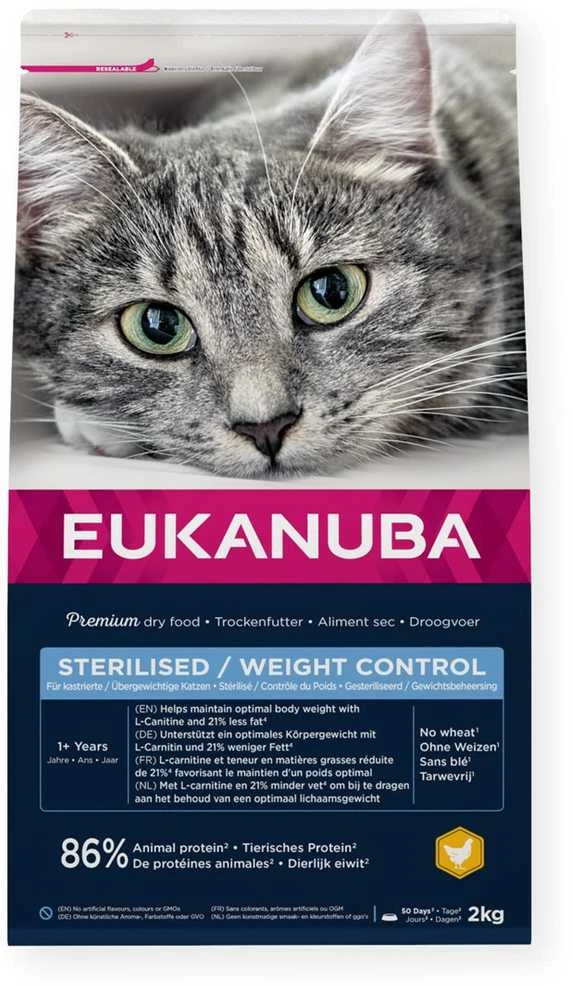 EUKANUBA Sterilizuotos/Svorio kontrolės Vištienos sausas maistas - 2kg