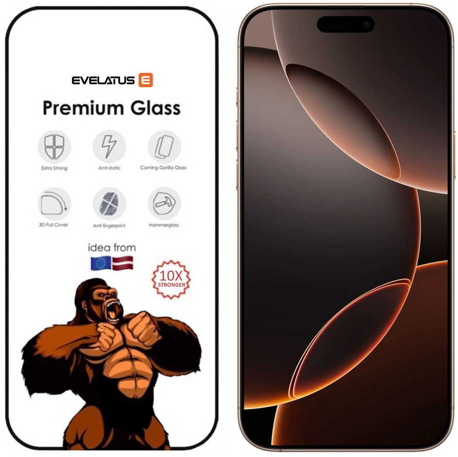 Evelatus 3D Pilna Pārklājuma Stikls iPhone 15 Pro Corning Gorilla Stikls 10X Spēcīgāks Antistatisks Melns Rāmītis