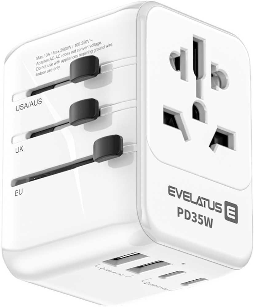 Evelatus 651DCPro 2in1 Pasaules 160 valstu barošanas adapteris un PD 35W lādētājs 3x USB-C / 2x USB Balts