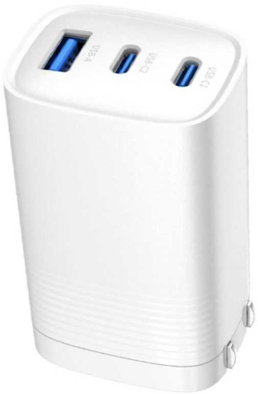 Evelatus 65W GaN ātrā lādētāja 2× USB-C + USB-A CN spraudnis PD/QC daudzportu izeja baltā krāsā