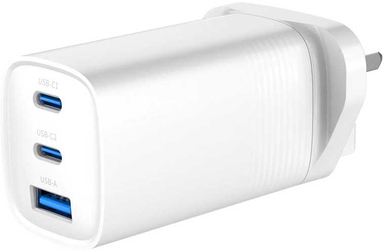 Evelatus 65W GaN Ātrais Lādētājs UK Kontaktligzda 2× USB-C + USB-A PD/QC Multi-Port Balts