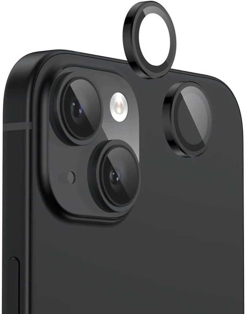 Evelatus iPhone 15 / 15 Plus Kameras Objektīva Aizsargstikls Armor Juodas Metāla Rāmis