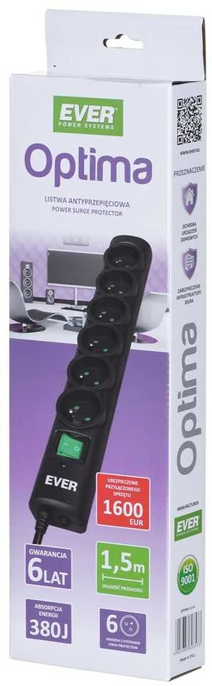 Ilgiklis - Ever Optima 1,5 M Juoda 6 AC Išvestis